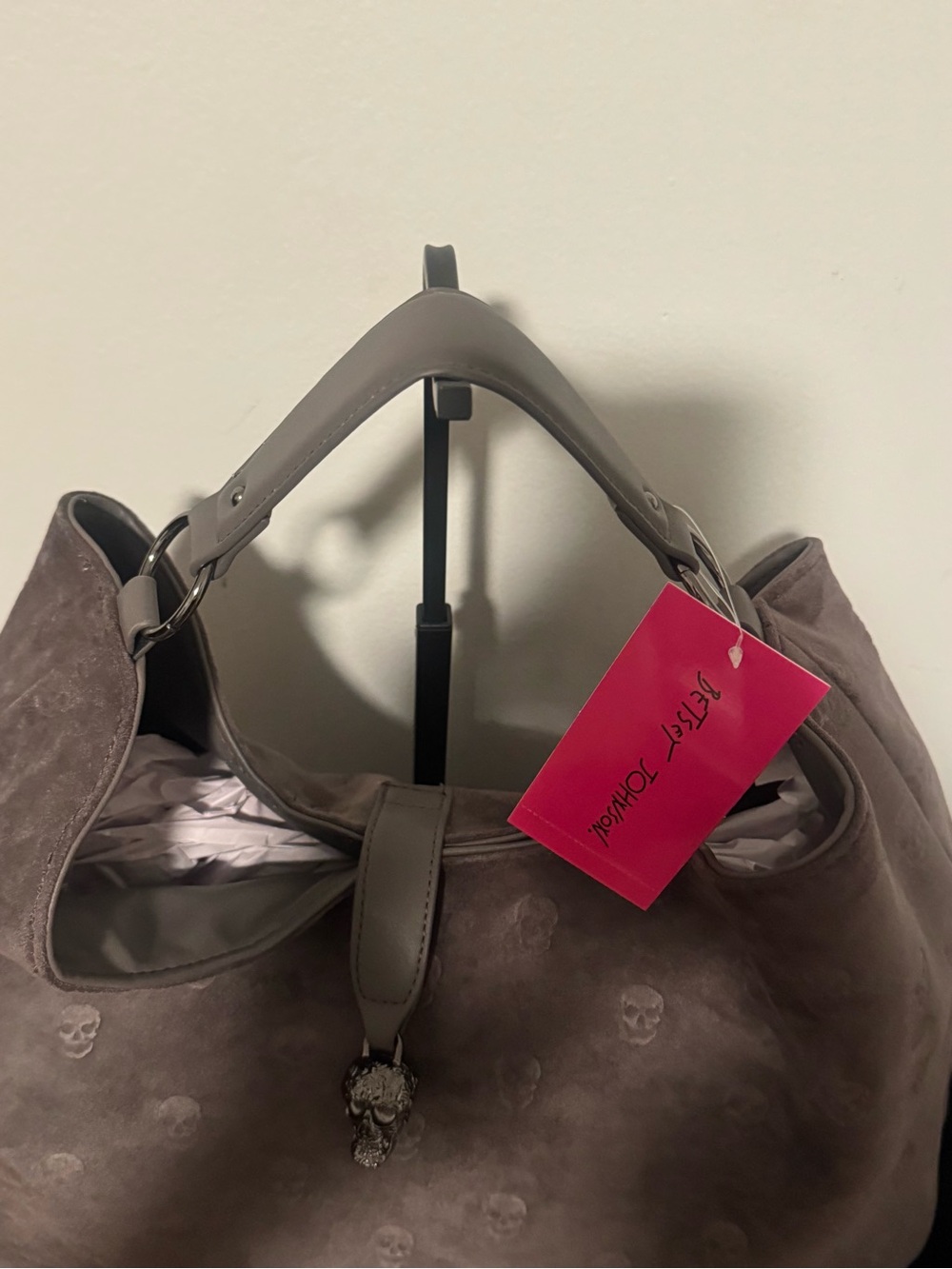 Betsey Johnson Skull-Embossed Suede Hobo Bag in Gray Brand New - Picture 5 of 9